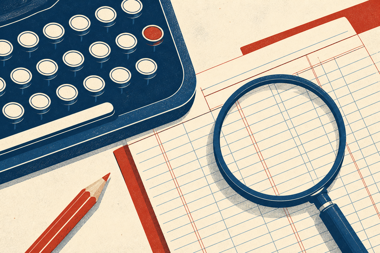 Editorial desk illustration with ledger and magnifying glass