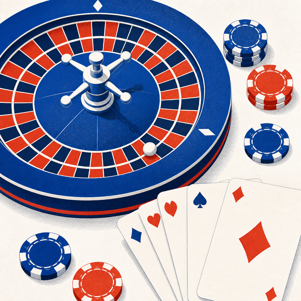 Stylised roulette wheel and playing cards illustrating live casino games
