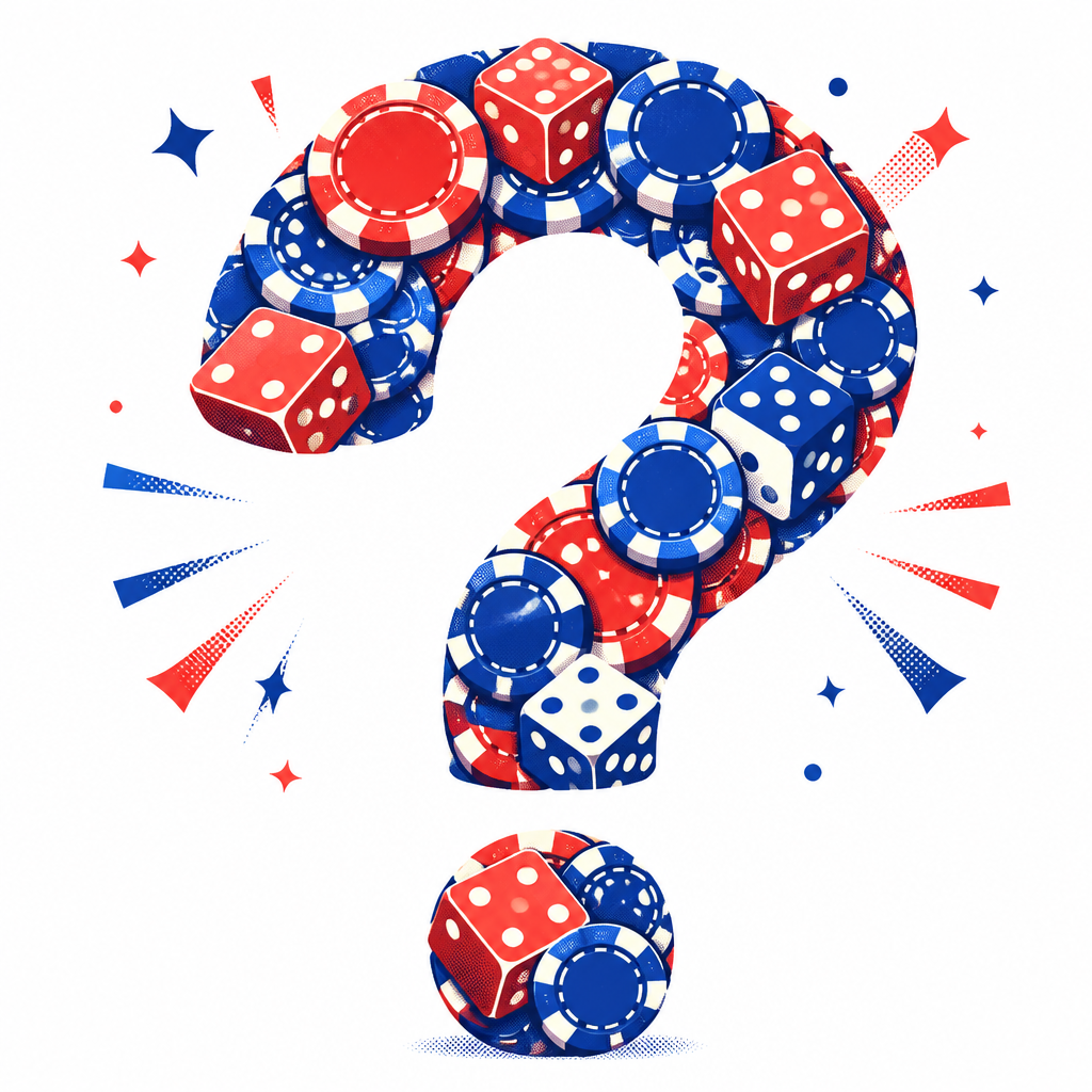 Playful question-mark illustration made of chips and dice